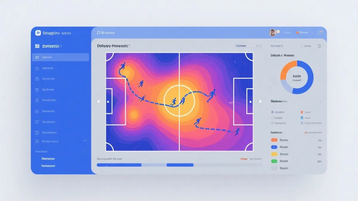 足球比赛数据分析面板与热力图叠加在球场上方，干净现代信息图风格