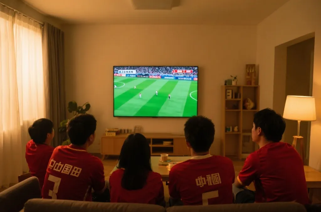 中国球迷清晨观看世界杯直播的场景示意图